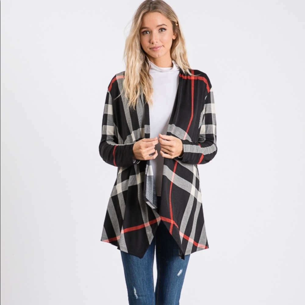 New! Plaid Print Cardigan with Elbow Patches